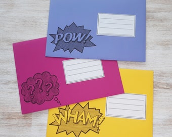 Comic I - 3 envelopes handmade // construction paper made from waste paper