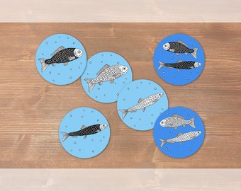 Poissons (Hareng et Carpe) - 3 x 4 autocollants ronds - diamètre 40 mm - imprimés sur des étiquettes blanches - joliment emballés