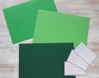3 envelopes handmade in shades of green // unprinted with address stickers // colored paper made from recycled paper