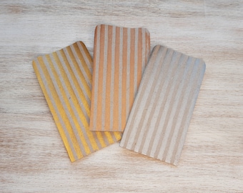 3 mini gift bags with stripes of gold, silver and copper // 6 x 9 cm // handmade from recycled sketch paper