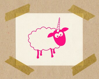 Unicorn Sheep - stamp / natural rubber on wooden cube 3x3 cm