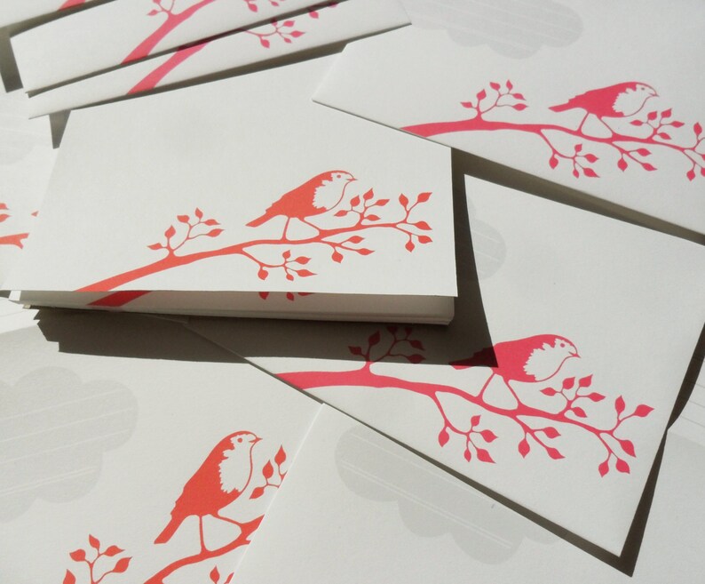 Robin red/rose handmade stationery // recycling paper // 10 envelopes & notepad image 2