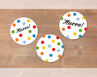 Confetti Hoera - 3 x 4 ronde stickers // diameter 40 mm // gedrukt op witte etiketten en mooi verpakt