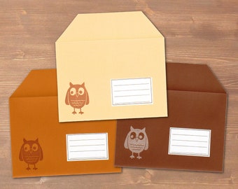 Owl - 3 handmade and handprinted envelopes