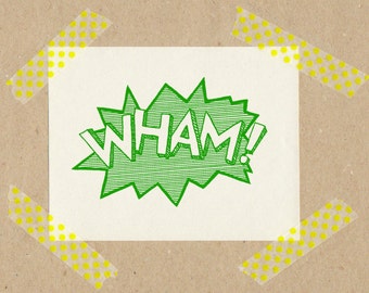 Stamp WHAM! / natural rubber on wooden cube 3x3 cm