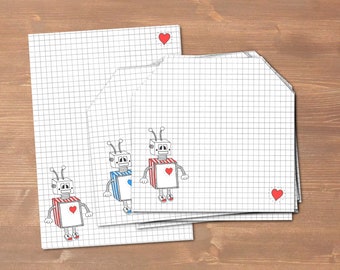 Robot red / blue - handmade stationery // recycling paper // 10 envelopes & notepad