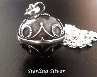 Harmony Necklace, Stunning Sterling Silver Harmony Ball 18mm Antiqued with Balinese Motifs, Bola Necklace, Angel Caller, Pregnancy Gift 953