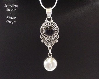 Harmony Ball Necklace, Unique Design, Sterling Silver Pendant with Onyx Gemstone and Sterling Silver Harmony Chime Ball Below, Necklace 906