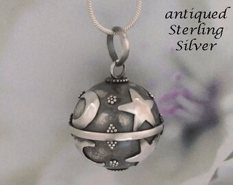 Harmony Necklace, Stars and Moon, Pregnancy Necklace, Antique Sterling Silver Harmony Ball, Bola Necklace, Angel Caller, Maternity, Gift 724