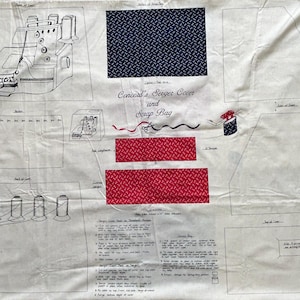 May include: A white fabric pattern with instructions for making a serger cover and scrap bag. The pattern includes a diagram of a serger, a scrap bag, and a serger cover. The text includes the words "Concord's Serger Cover and Scrap Bag".