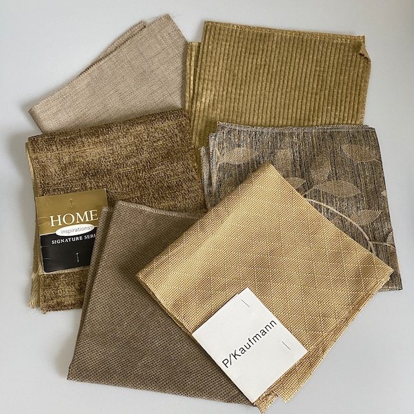 Lot of 6, 1990s Vintage Upholstery Fabric Samples, Tan, Brown, Camel, & Beige, Diamonds and Leaves