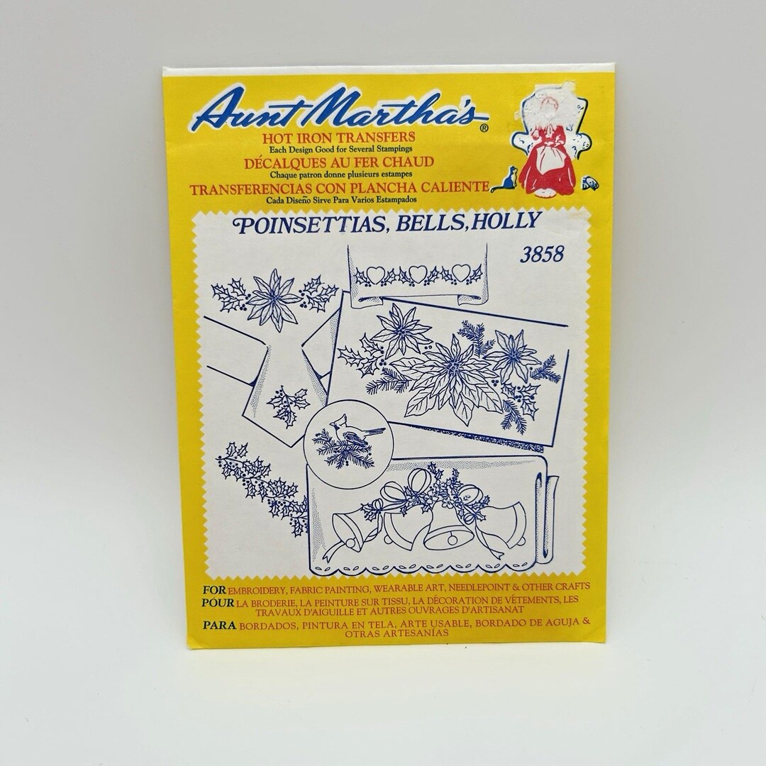 Aunt Martha's Hot Iron Embroidery Transfer - Poinsettias, Bells & Holly Holiday Pattern