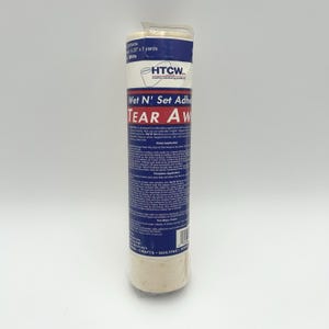 May include: A roll of white Wet N' Set Adhesive Tear Away stabilizer for embroidery. The packaging is cylindrical with blue and white labels, and the product contains 1.25" x 5 yards of material. The brand name is HTCW.
