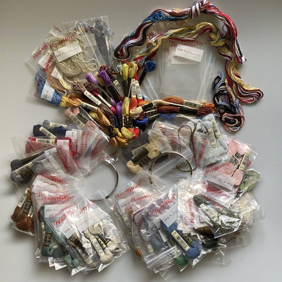 Embroidery Multiple Colors Floss on Rings & Some Floss-away Bags Approx. 1  Lb and Approx 129 Skeins 