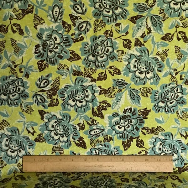 Green, Teal, Aqua, Brown, & White, Floral Cotton Fabric