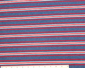 1 1/4 Yards Vintage 1970s Double Knit Fabric, Red White Denim Blue Horizontal Stripe, 64 Inches Wide, Retro Sewing, Dressmaking, Costumes