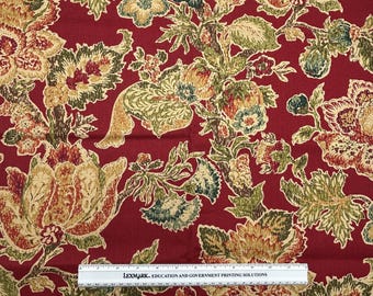 Richloom Outdoor Fabric Remnant, 46" Wide X 28" Long, Large Floral Print, Multi Color, Dark Red Background, Preowned Unused