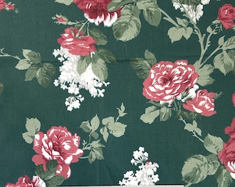 Polished Cotton Chintz Fabric, 80s 90s Floral, 1 1/8 Yards, 44” Wide, Green Background, Red & Pink Roses, Preowned Lightweight