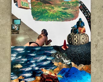 May include: A mixed media collage with a surreal landscape, including a mountain, sunset, and figures. The collage incorporates images of fish, a woman, and a sign reading "BAR". The artwork displays diverse textures and colours.