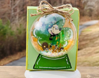 Disney Inspired Mouse Luck of the Irish Snowglobe | St Patrick’s Day Shaker | Wooden Block Tiered Tray Decor