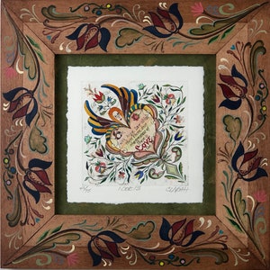 Pennsylvania Dutch miniature etching &quot;1 Cor:  13&quot; in a hand-painted decorative frame