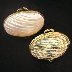 May include: Two oval-shaped decorative boxes crafted from natural seashells with brass metal rims and small wire loops at the top. One box features a smooth, iridescent white mother-of-pearl finish, while the other displays a textured, variegated green and brown striped pattern.