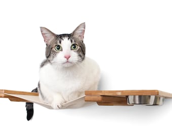 May include: A white and gray tabby cat relaxing in a hammock attached to a wooden shelf with two stainless steel bowls.