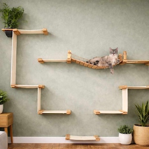 Multi-Level Bamboo Cat Condo - Temple, Wall Bridge, Shelves & Planter, Cat Hammocks, Cat Climbing System