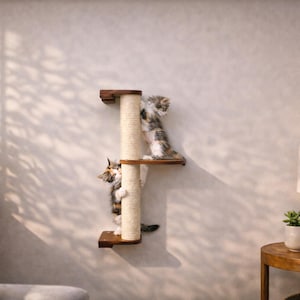 Deluxe Wall Mounted Sisal Cat Scratching Pole with Shelves - Cat Climbing Tree, Modern Cat Wall Furniture, Luxury Cat Gym