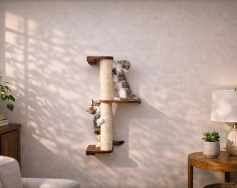 Deluxe Wall Mounted Sisal Cat Scratching Pole with Shelves - Cat Climbing Tree, Modern Cat Wall Furniture, Luxury Cat Gym