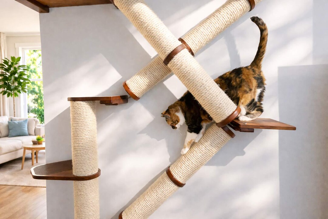 Wall Mounted Cat Scratching Pole - Angled Sisal Scratcher, Modern Cat ...