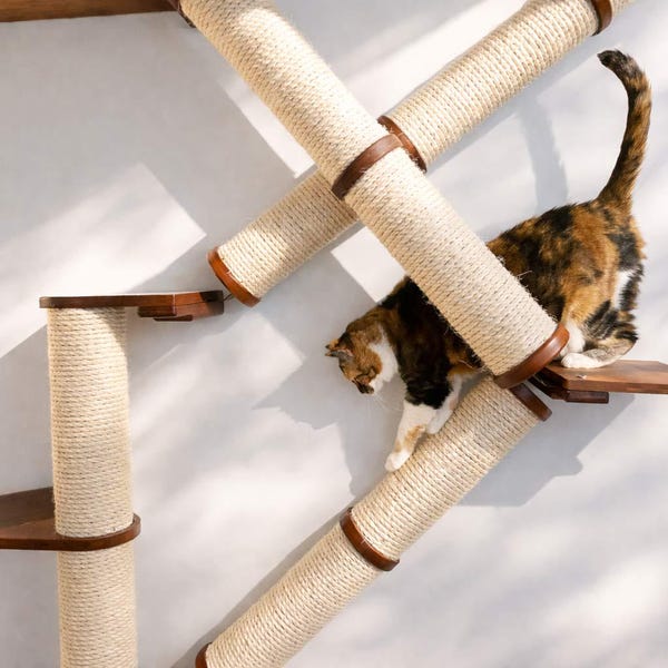 Wall Mounted Cat Scratching Pole - Angled Sisal Scratcher, Modern Cat Wall Furniture for Climbing & Play