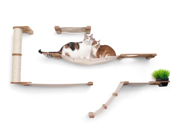 Wall Mounted Cat Condo with Hammock, Planter Shelf, Feeder Shelf and Scratching Pole - Bunker