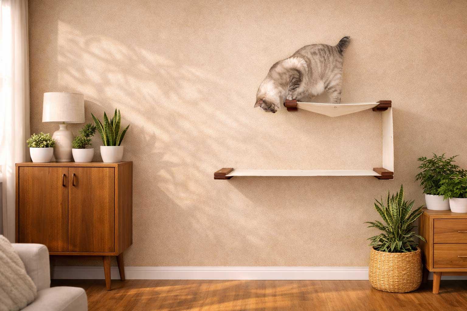 Bamboo Double Cat Hammock - Decker, Wall Condo, Modern Furniture, Hanging Condo