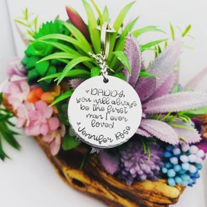 Dad Key Chain Daddy Gift Fathers Day Present Hand Stamped Dad Keychain A sons first hero a daughters first love