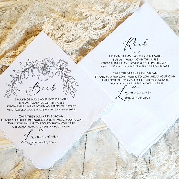 Step Mother and Father of the Bride handkerchief Set from the Bride, Wedding handkerchief from daughter, Parent gifts from bride, gift-MOB1S