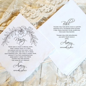 Mother and Father of the Groom handkerchief from the Bride, Wedding handkerchief from daughter in-law, Parents of groom gift,POG2