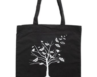 Black Tote Bag - Tree Tote Bag - Butterfly Tote - Black Butterfly Tree Tote Bag