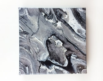 Abstract art, 8" x 8" x 1.5" Canvas Painting, Fluid Art, Art, Black and White, Acrylic Painting, Illustration, original art