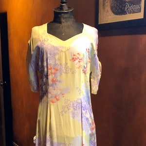 1940s Rayon Crepe Asian Hawaiian Japanese Maple Moon and Bird Print Dress M/L
