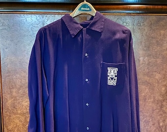 1950s Rayon Shirt - Navy Blue / 50s Vintage Shirt / Make