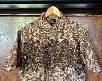 1950s Alfred Shaheen Tiki Tribal Barkcloth Shirt M