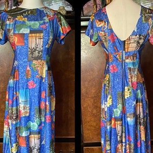 70er Fotodruck Hawaiianisches Wasserfall Kleid Kleid M
