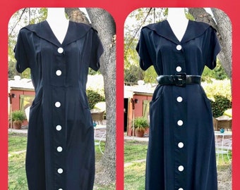 1950s Black Rayon Victory Dress XL