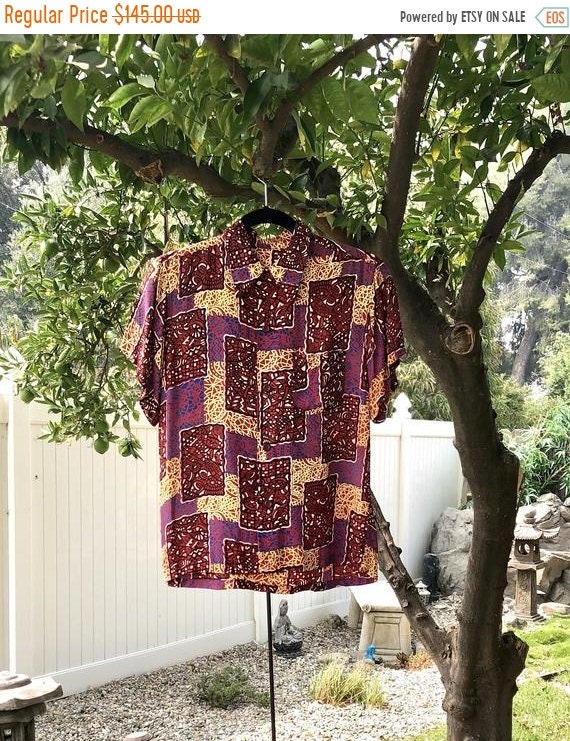 SALE 1940s MCM Tiki Print Cold Rayon S