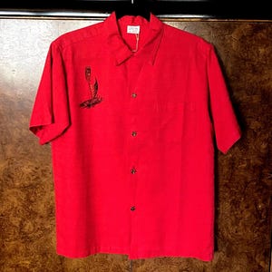 1950er Jahre strukturiertes Baumwolle handbemaltes Tiki Outrigger Shirt M