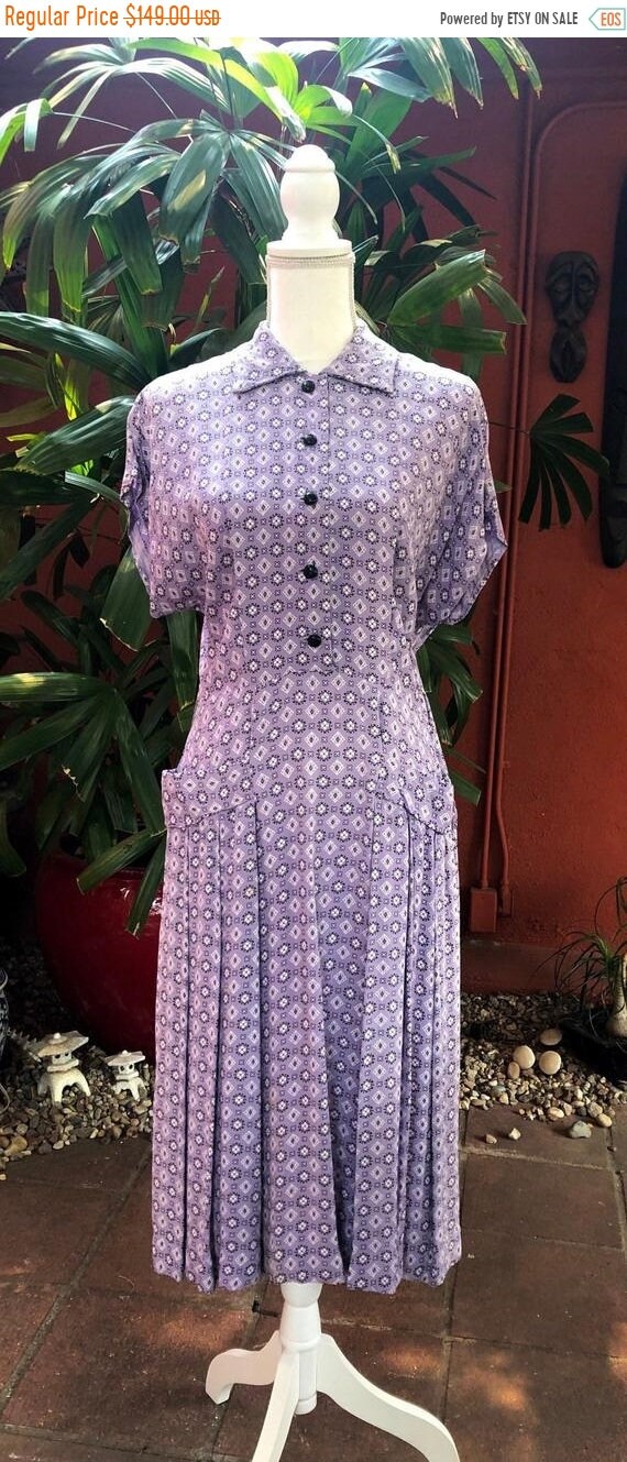 SALE 1950s Bandana Print Rayon Crepe Lavender Dres