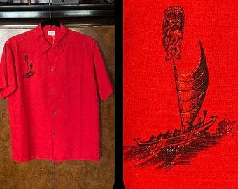 1950s Textured Cotton Hand Painted Tiki Outrigger Shirt M