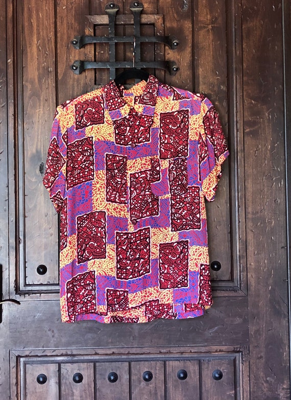 SALE 1940s MCM Tiki Print Cold Rayon S