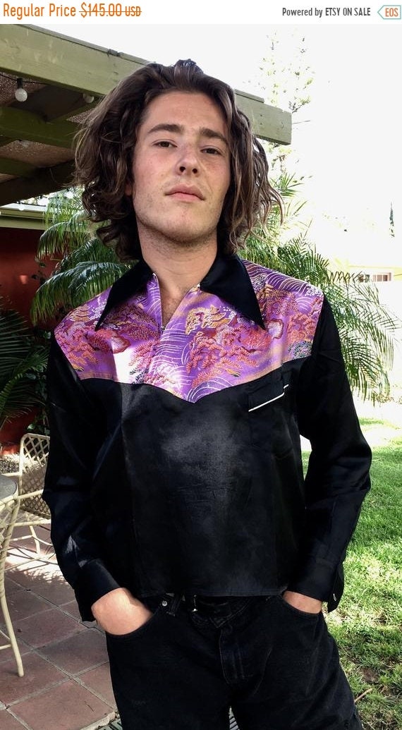 SALE 1940s Rayon Satin Japanese Print Shirt SM